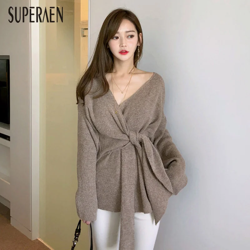 SuperAen зимние и осенние женские пуловеры свитера корейский стиль Дикий женксие Кофты с v-образным вырезом модные вязаные топы женские
