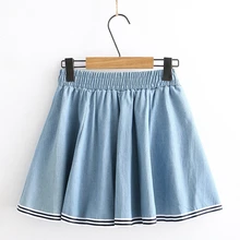 Merry Pretty джинсовые женские полосатые лоскутные плиссированные юбки милые мини юбки с завышенной талией эластичные юбки с талией