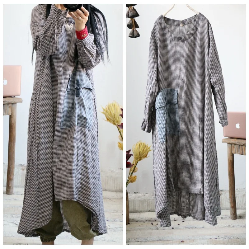 Хлопковое покрывало женское винтажное платье с длинными рукавами и пряжкой