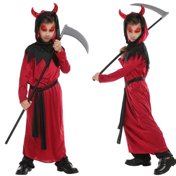 

Red Color Halloween Cosplay Costumes Kids Devil Costume Horns Scary Vampire Jumpsuit Fancy Party Masquerade Disfraz No Weapon