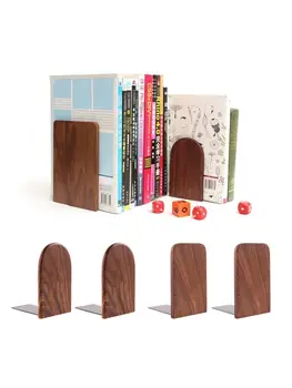 

2Pcs Hand Crafted Wooden Bookends with Metal Base Heavy Duty Walnut Book Stand