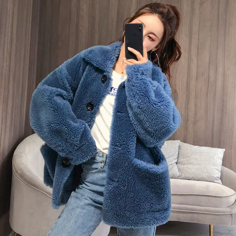 new lamb fur grass coat female student short solid color long-sleeved spring and autumn loose coat - Цвет: Синий