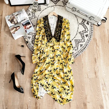 

LouLan Queen Silk Long Sleeve Women Runway/Summer /Maxi/Party/Boho/Beach/Elegant/Lace/Floral Dress V-neck Women Summer Dress