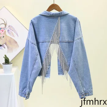

2020 Spring Denim Jacket Ladies New Hand Studded Drill Diamond Tassels Back Split Jeans Jacket Short Jeans Coat Manteau Feminino