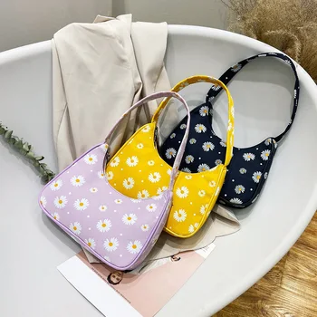 

Classic Texture Fashion Flower Daisy Women Handbag Portable Creative Design Chic Nylon Small Underarm Shoulder Tote Bags