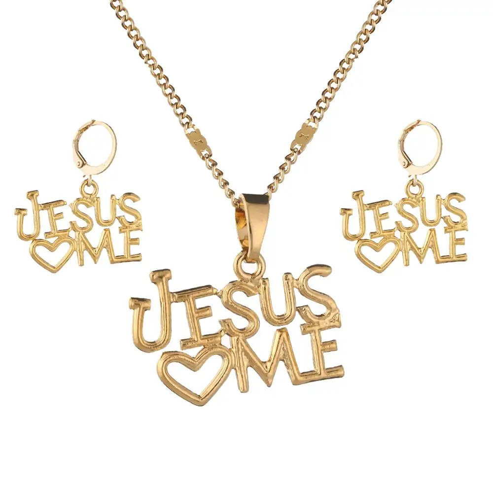 Gold Color Jesus Pendant Heart Cross Necklace Earrings Christ Savior