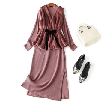 

2019 Autumn & Winter New Fashion Elegant Artificial Mink Fur Knitted Long Dress 2 Colors Size S M L Free Shipping Worldwide