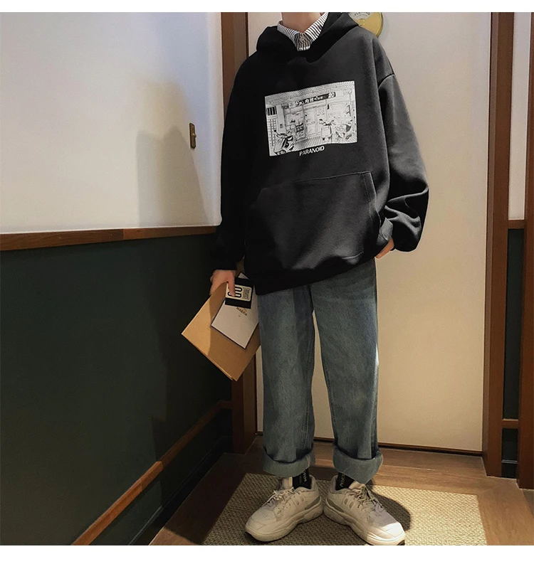 Spring And Autumn Korean-style BF Hip Hop False Printed Hooded Hoodie Men's-INS Hong Kong-Style Loose-Fit Hoodie Men's Two-Piece
