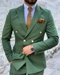Men's Suits 2 Pieces Royal Green Men Double Breasted Jacket+Pant Custom Made Formal Wedding Metal Button Fit Slim Party Suit