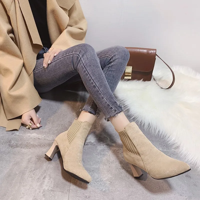 Women elastic fabric Flock Boots Suede Short boots fashion Handmade Classic pointed toe Thin Heels insole all-match booties