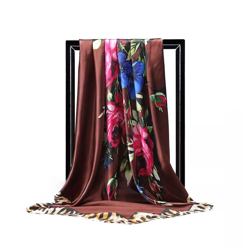 Весенне-летний цветной шелковый шарф с масляным цветочным принтом, Женский Большой сатиновый хиджаб, шарфы, платок, шаль, обертывания 90x90 см