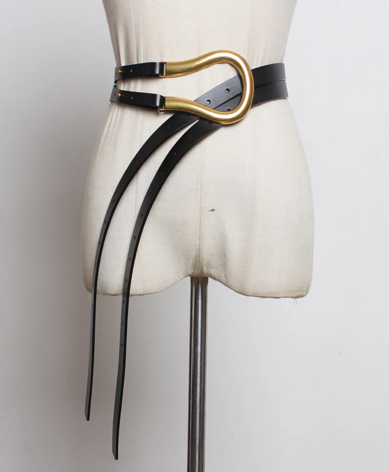 Tanie Kobiety luksusowe skórzane pasy od projektanta wysokiej jakościowy duży metalowy klamra runway marka moda podwójny pas biodrowy czarny czerwony brązowy