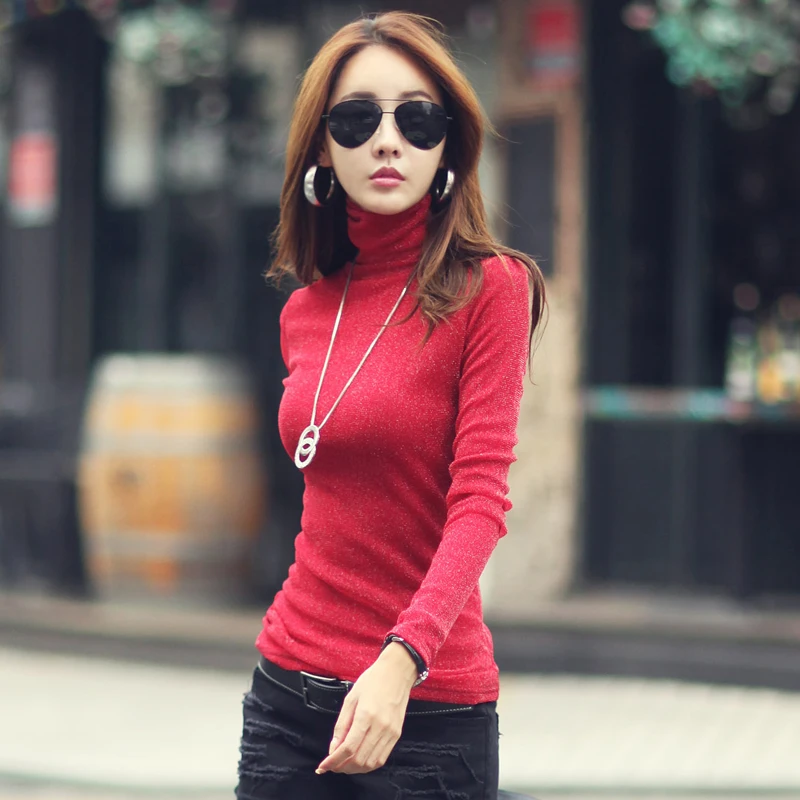 Red turtleneck Женская футболка из плотного флиса, блестящие сетчатые топы, круглый вырез, длинный рукав, хлопок размера плюс S-3XL, зимняя футболка, T90391 - Цвет: Red turtleneck
