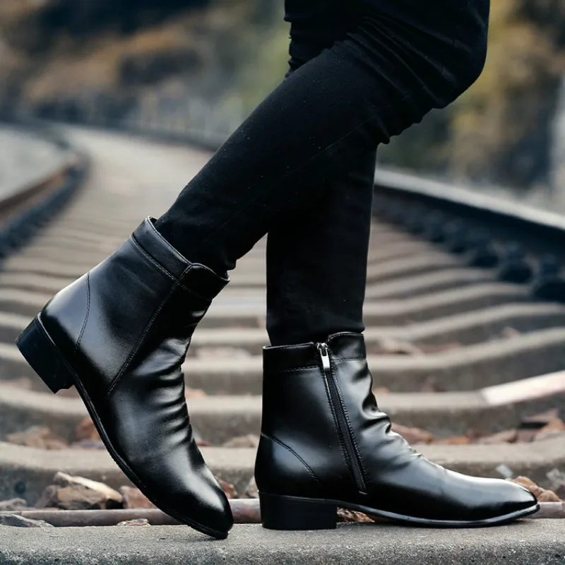 

Men Winter Boots PU Leather Chelsea Boots Shoes Warm Shoes Fashion Zipper Booties Mens Ankle Boots Black Booties AC-16