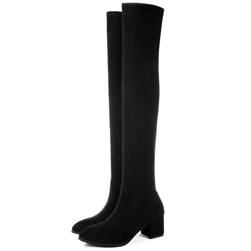 Black Without Plush Пикантные высокие сапоги до бедра; зимние сапоги на платформе; женская обувь; эластичные ботфорты; высокие замшевые сапоги на высоком каблуке; цвет красный, серый - Цвет: Black Without Plush