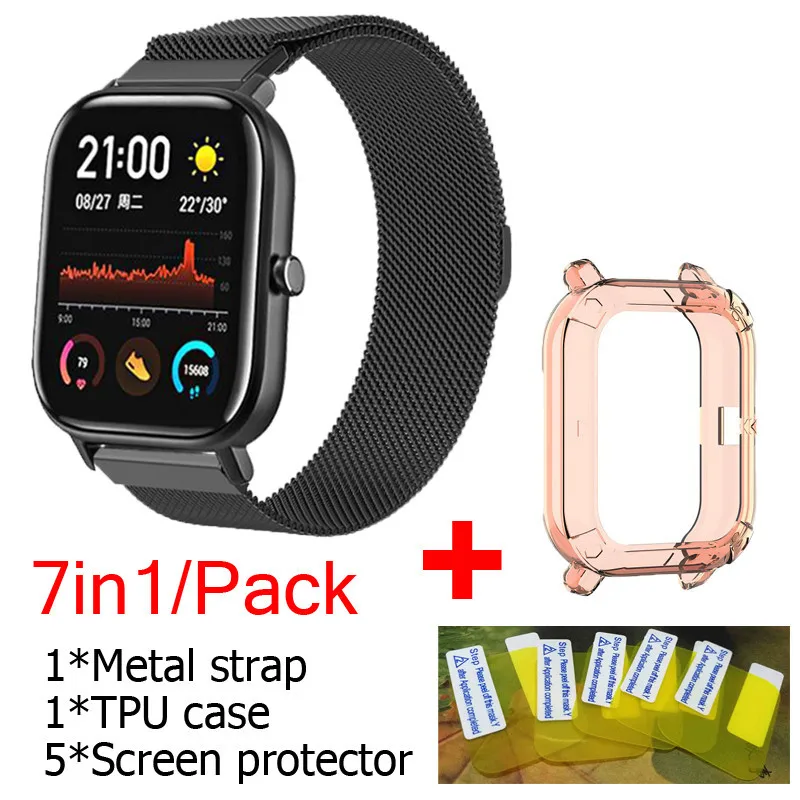 7в1 металлический ремень для huami amazfit GTS ремешок крепкий Магнитный привлекательный ремешок для часов браслет TPU чехол Защитная пленка для экрана - Цвет: black-orange