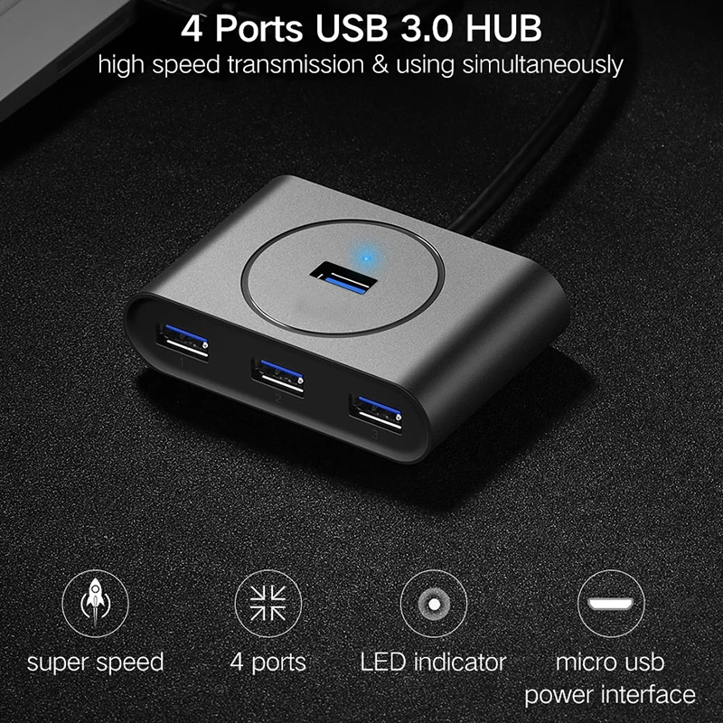 USB 3,0 концентратор 4 порта usb-хаб разветвитель для Macbook ноутбука ПК компьютера HDD черный