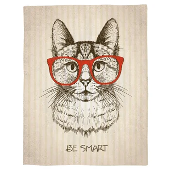 

Cat Glasses Red Cute Kitten Sketch Smart Animal Face Coral Fleece Fuzzy Blankets on Bed Throws Bedsheet for Kids Girls