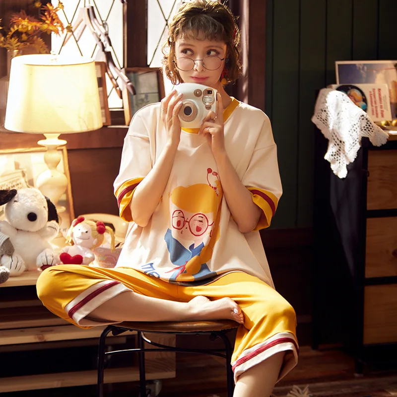 

Pajamas Female Summer 6535 Knitted Cotton Short Sleeve Capri Pants Korean-style Women's Japanese Korean Thin Tracksuit Spring An