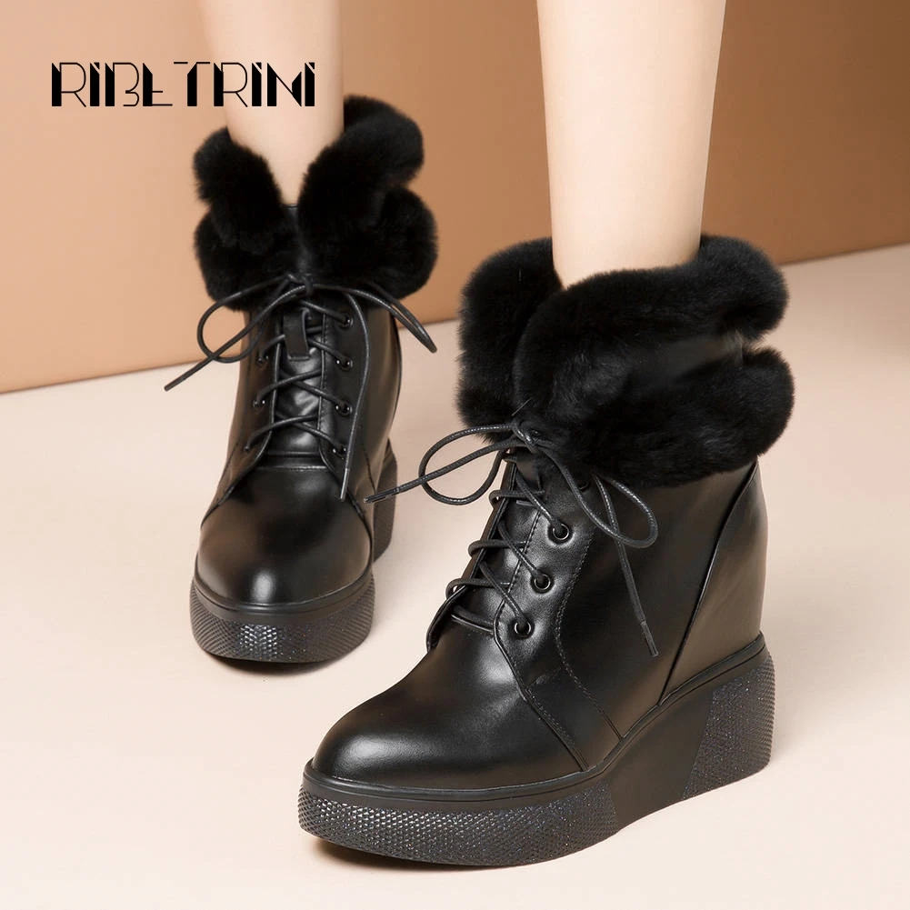 

RIBETRINI Women Genuine Leather Snow Boots 2019 Fashion Warm Rabbit Hair Shoes Woman Winter Wedge Heels Platform Ankle Boots