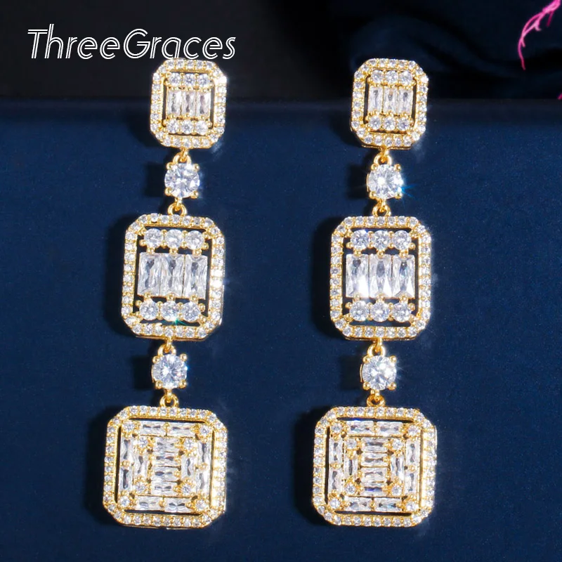 

ThreeGraces White Topaz 925 Sterling Silver Cubic Zirconia Cut Drop Dangle Dubai 18k Gold Earrings Brides Wedding Jewelry ER434