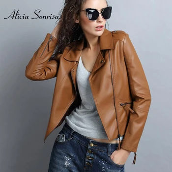 

2020 Faux Leather Jacket Women's Short Locomotive Brown Red Washed PU Coffee Ladies Colorful Red Biker Coat U6019
