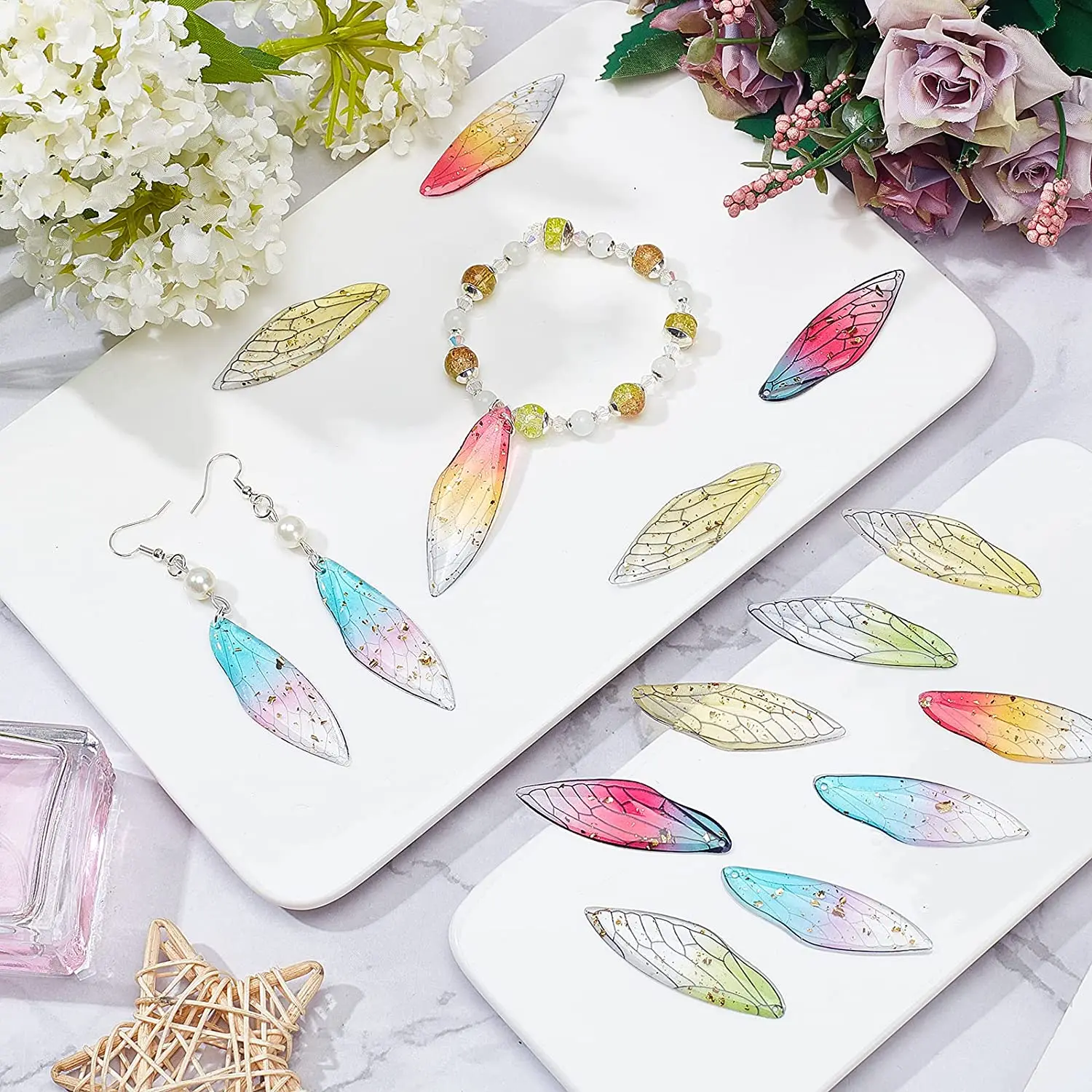 50/100pcs Transparent Epoxy Resin Big Wing Pendants Charms Rainbow Color with Gold Foil For Necklace Jewelry Making Supplies diy