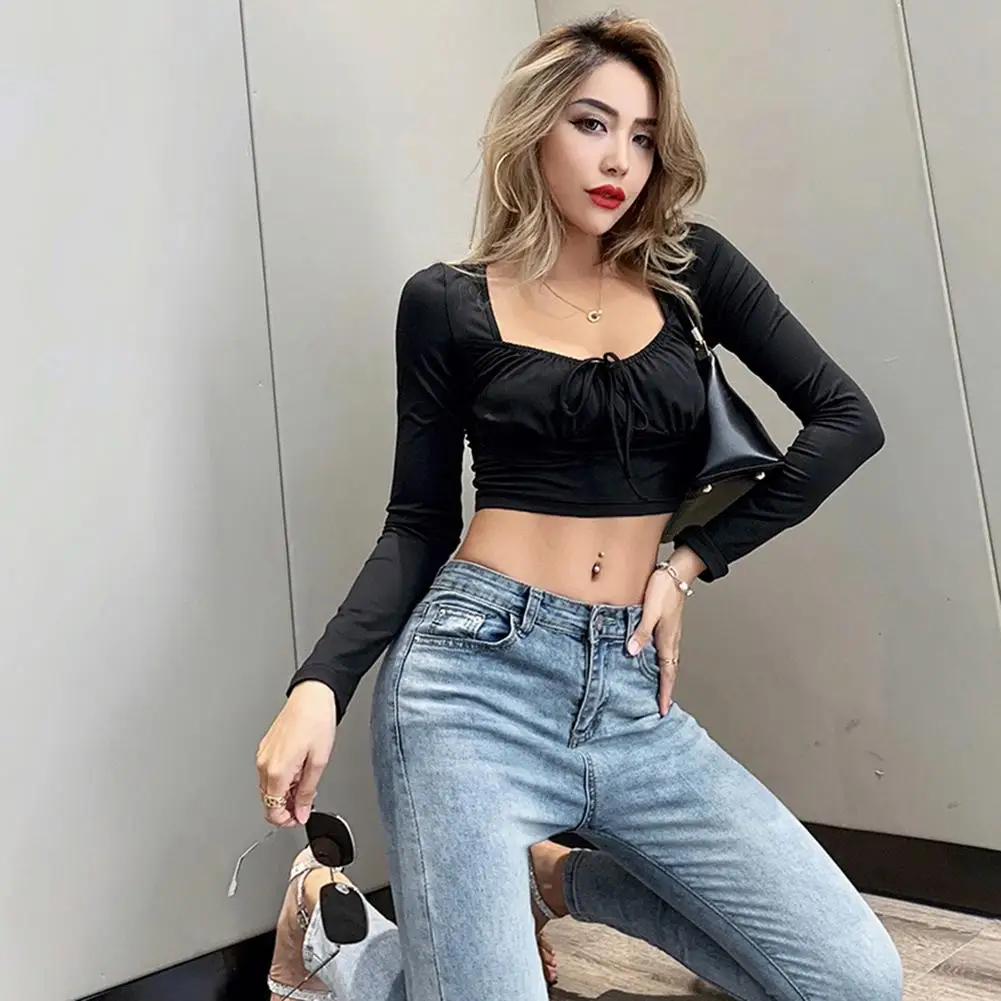 Women's Bow Tie Tie Crop Tops Square Neck Long Sleeve Short T-shirt Milk Silk Folds Straps Stitching Slim Tees Pullover Street 1