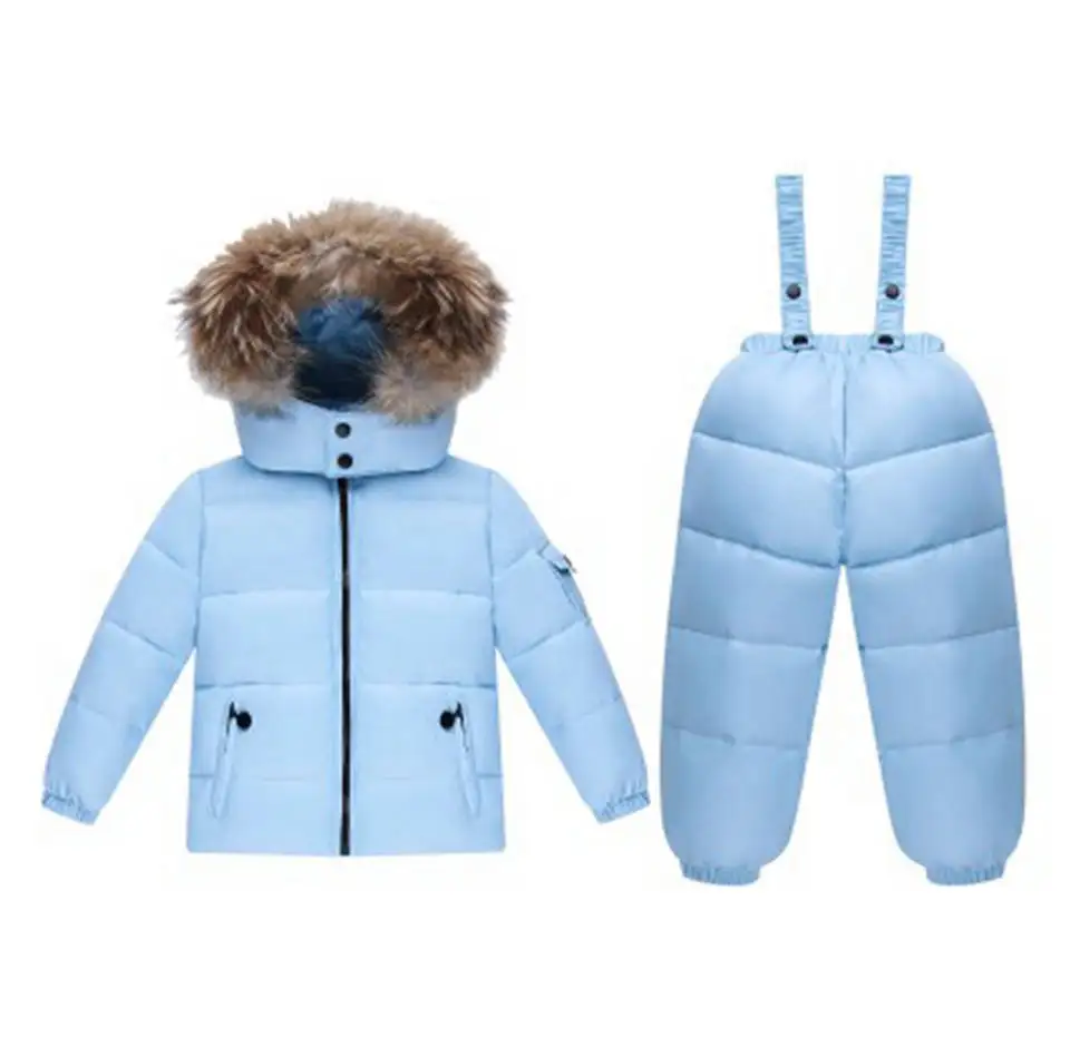 Sky Blue Комплекты зимней детской одежды зимний комбинезон парка Детский комбинезон с натуральным мехом пуховик для девочек теплое детское пуховое пальто с капюшоном - Цвет: Sky Blue