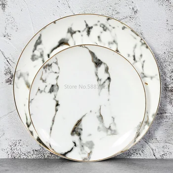 

European Marble Ceramic Round Gold Inlay Bone china Plate Steak Dessert Porcelain Plates Dishes Home Kitchen Dinnerware set