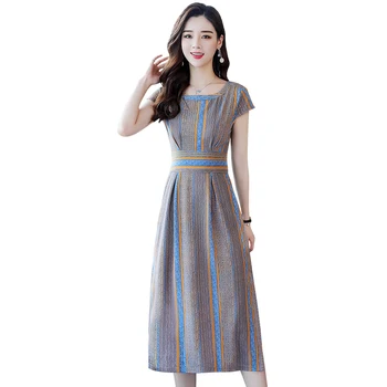 

2019 Women Dresses Short Sleeve Split Dress Fashion 2019 Sweet Bohemian Dress Casual Polyeter Striped Summer Dress