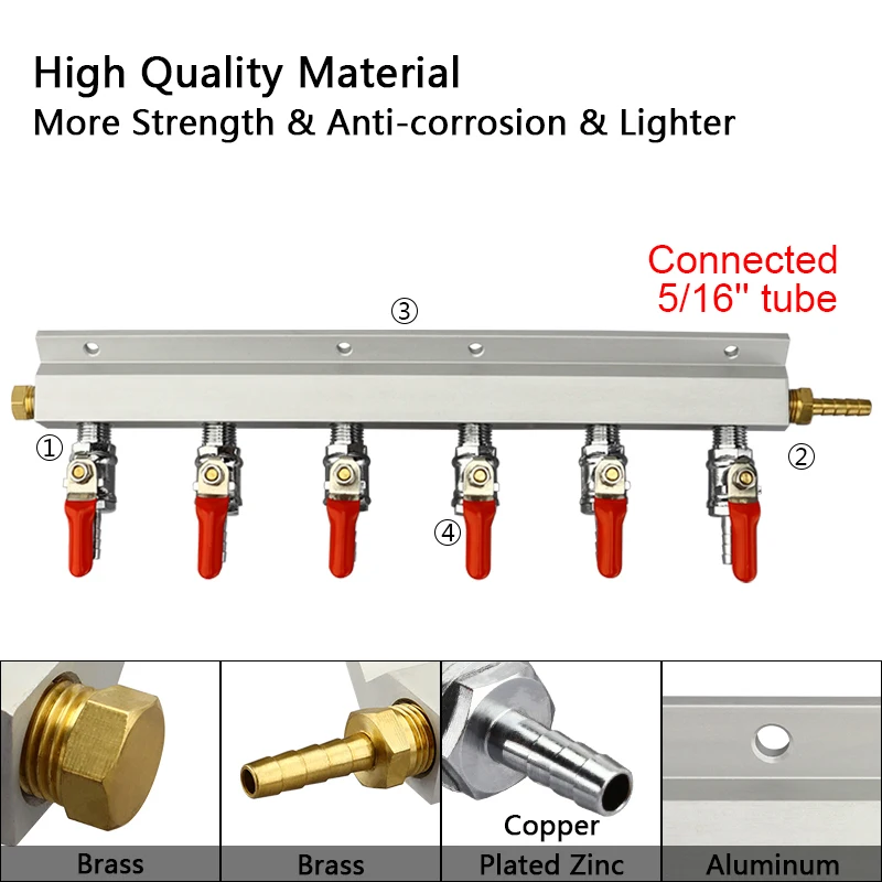 6-Way-CO2-Distributor-Manifold-with-Check-Valves-Chrome-Plated-3-8-Inch-Barb-6-Outputs
