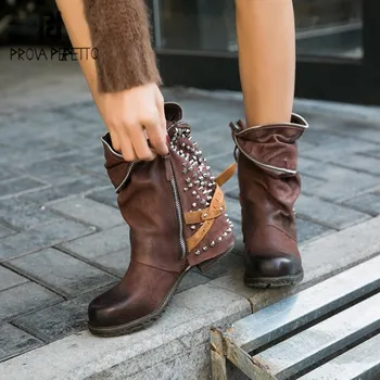 

Prova Perfetto Genuine Leather Mature Women's Ankle Boots Rivet Retro Do Old Mixed Colors Square Toe Zipper-Sid Lady Boots 2020