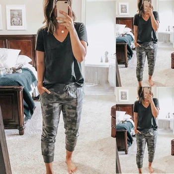 

Camouflage Printed Ladies Clothes Outfits Set Two Piece Women Clothing For Summer Short Sleeve Tops + Pants Female Clothing D30