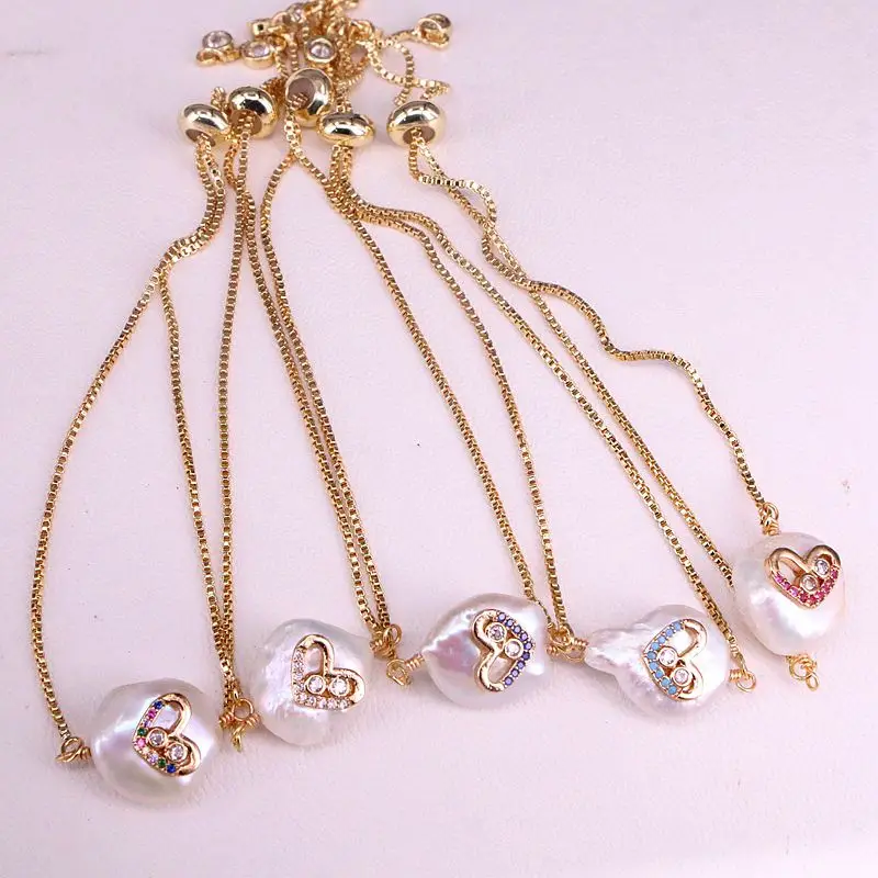 6 шт., натуральный пресноводный жемчуг и CZ проложенный в форме сердца золотой браслет-цепочка женский модный браслет ювелирные изделия