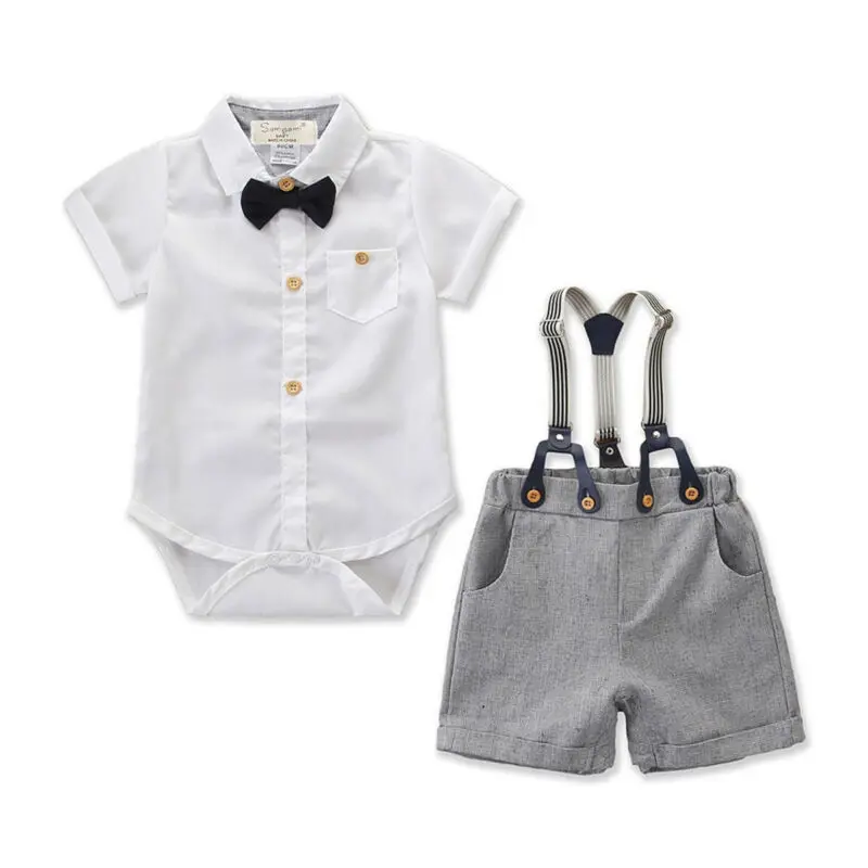 

Summer Baby Boy Gentleman Outfit Set Short Sleeve Bow Tie Tops Bodysuits +Strap Pants Shorts 2Pcs Newborn Infant Clothes 0-24M