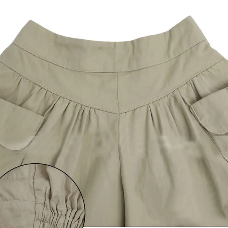 Khaki Летние Короткие Модные женские XL-5XL, широкие женские шорты, повседневные свободные женские тонкие шорты цвета хаки с высокой талией - Цвет: Khaki