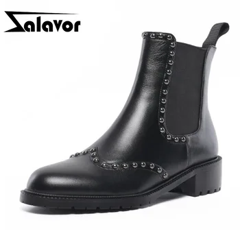 

ZALAVOR New Real Leather Chelsea Boots Fashion Rivets Elastic Band Ankle Boots Autumn Winter Daily Women Footwear Size 34-40