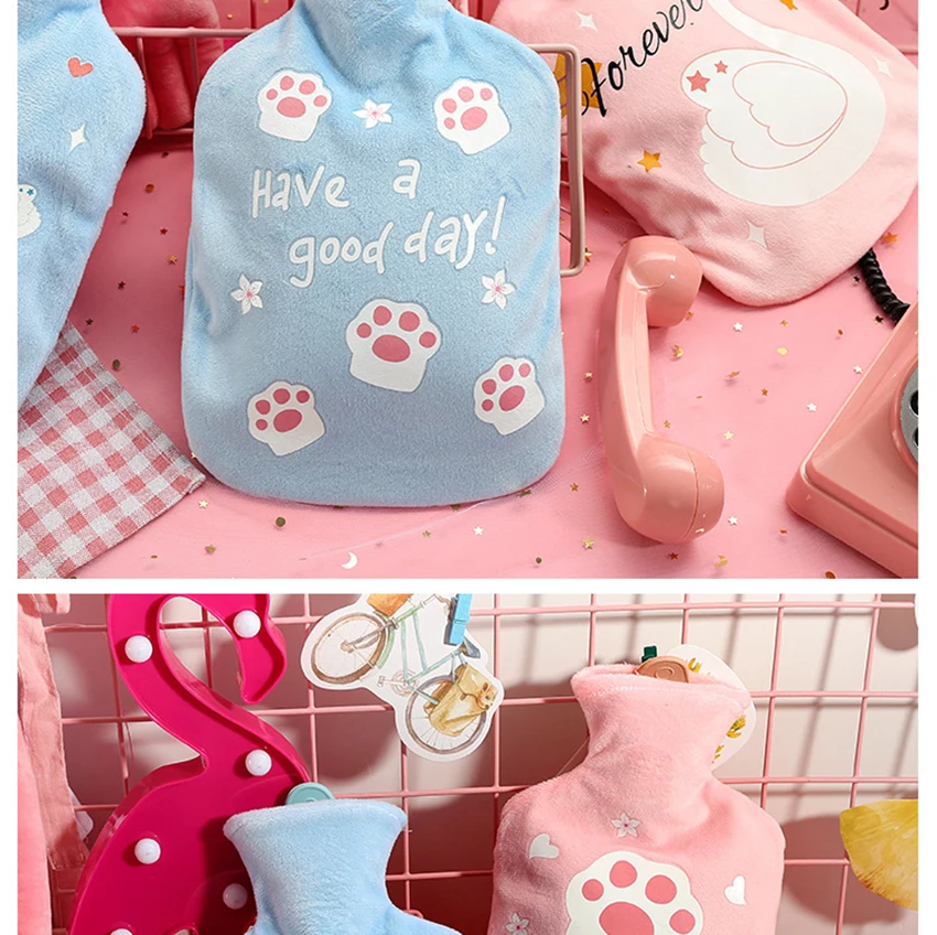 Large Hot Water Bottle with Cute Cartoon Plush Cover 1000ml Girls Kids Hand Warmer Hot Water Injection Bag for Pain Relief