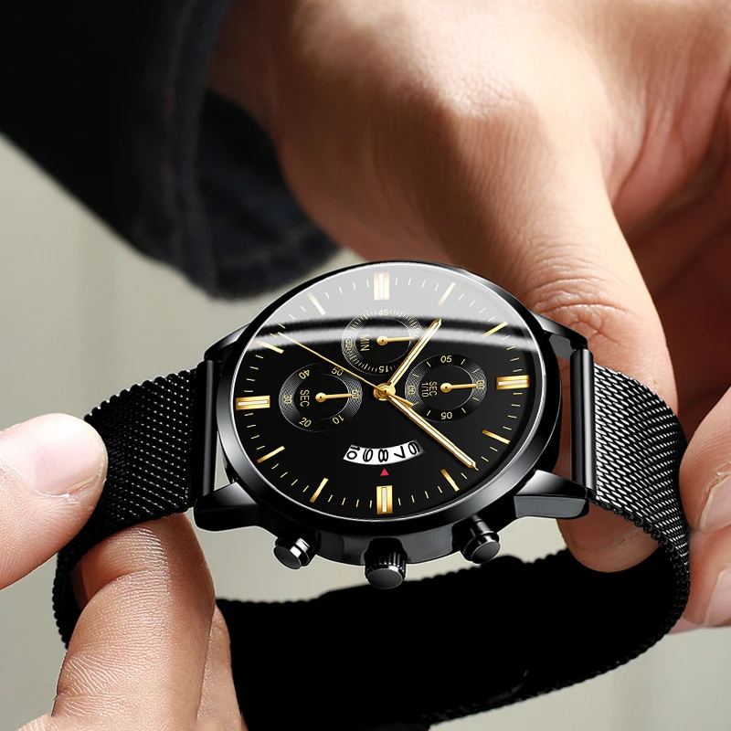 2022 Mens Fashion Business Calendar Watches for Men Luxury Stainless Steel Mesh Belt Analog Quartz Wrist Watch relogio masculino 5