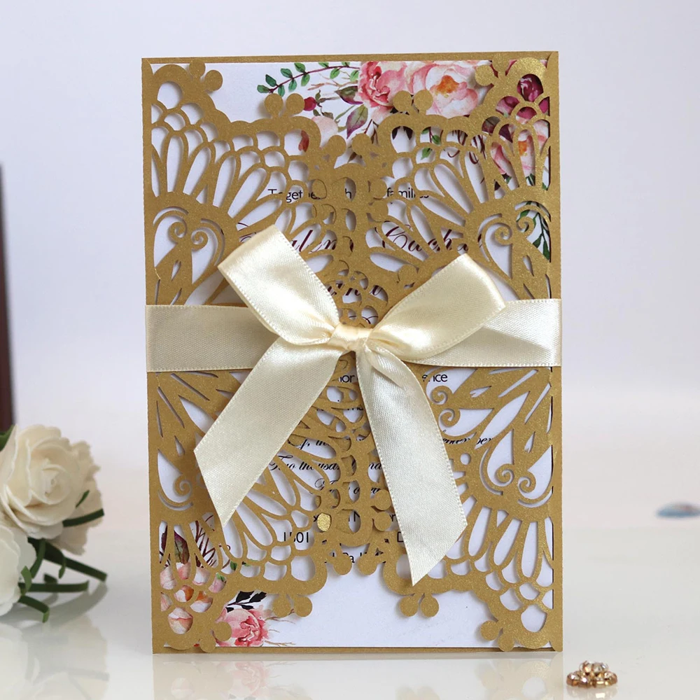  10pcs Laser Hollow Tri-Fold Wedding Invitation Decoration Card Cover Banquet Business Invitation En - 4000515217066