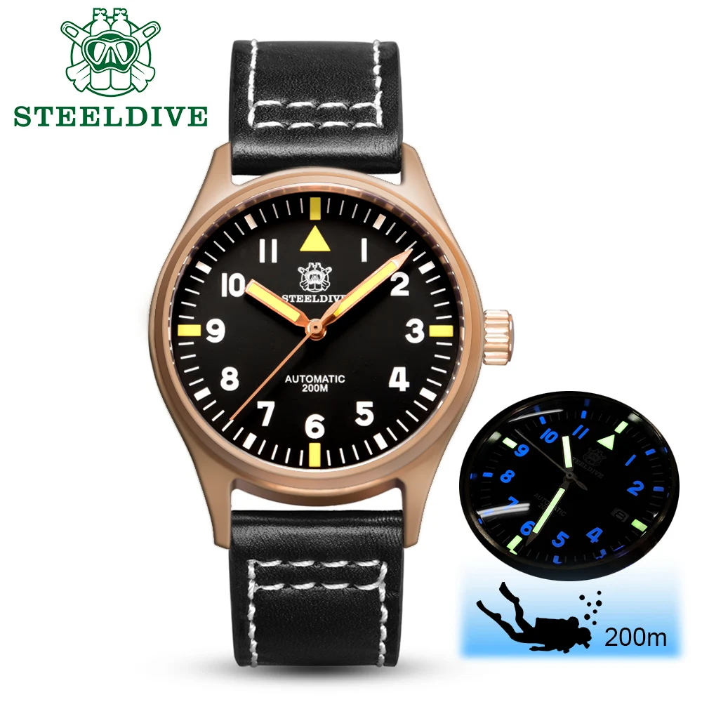 Часы авиаторы STEELDIVE 1940s CuSn8 Мужские механические с сапфировым стеклом и бронзовым