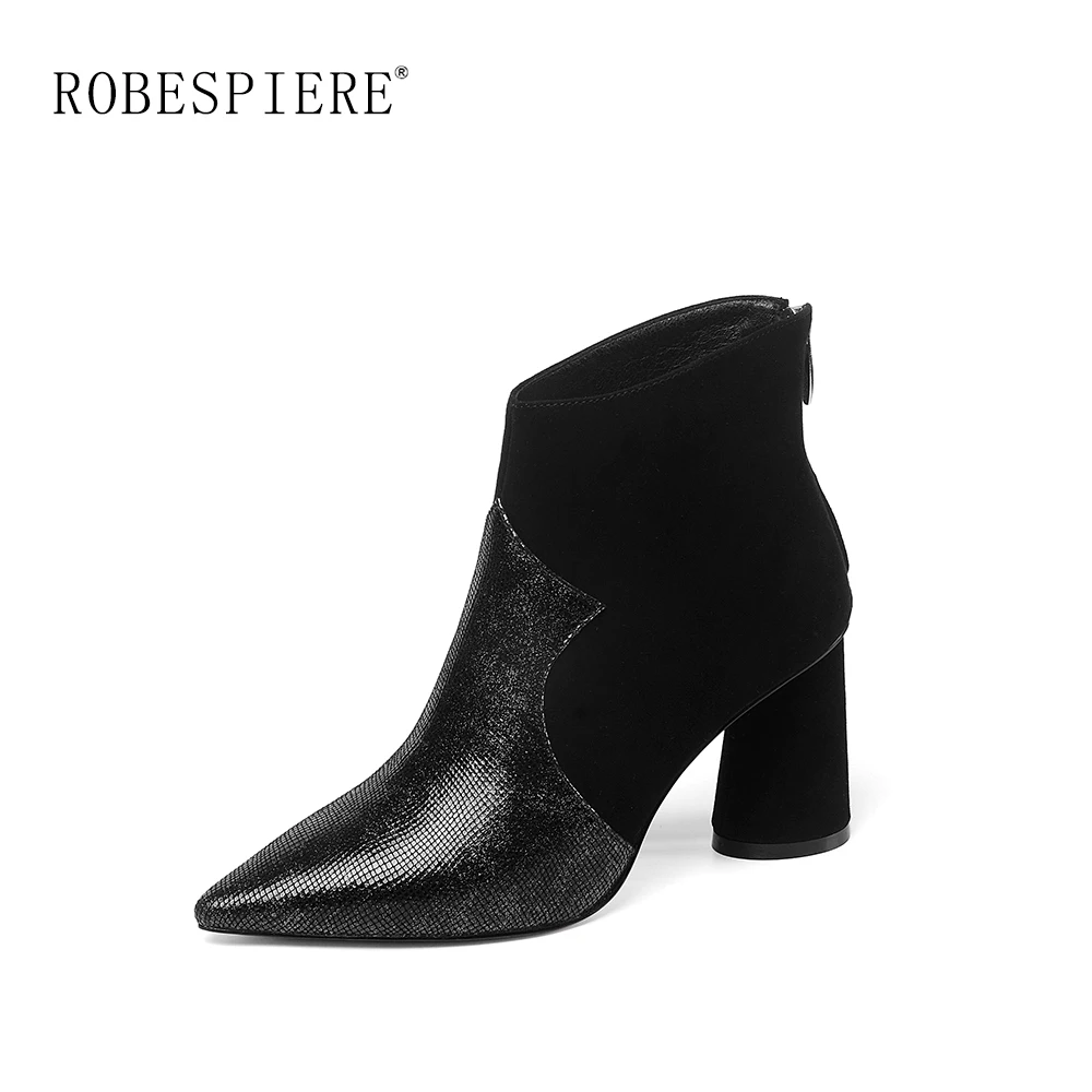 

ROBESPIERE Quality Genuine Leather Ankle Boots Fashion Zipper Round Heels European Style Shoes Woman Winter Warm Plush Boots B60
