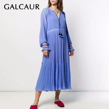 

GALCAUR Lace Up Tassel Dress Women V Neck Lantern Long Sleeve High Waist Patchwork Pleated Summer Dresses Female Clothes 2020