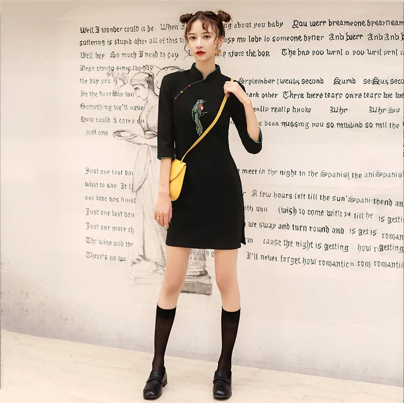 Женское платье чонсам, черное винтажное замшевое сексуальное платье Qipao, весенне-осеннее повседневное женское свадебное платье, тонкое уличная одежда