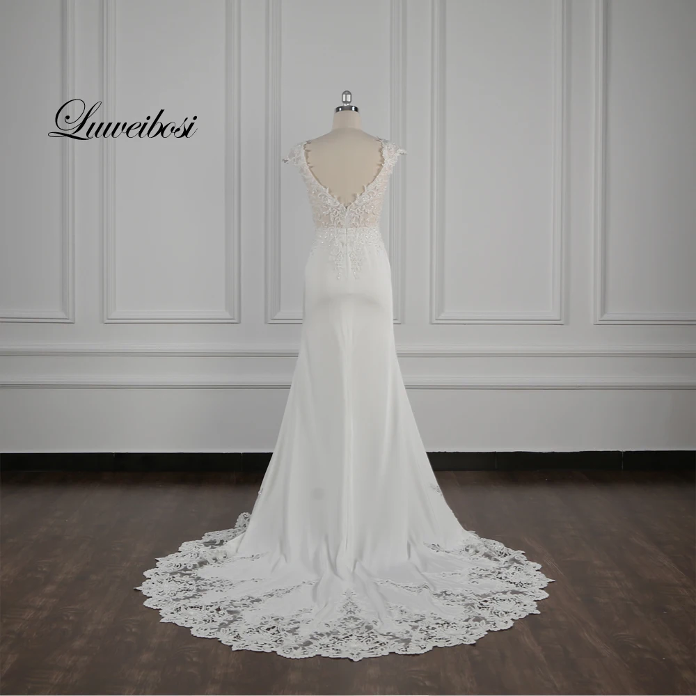 Реальное изображение Wellbirth Vestido de novia атласное кружевное свадебное платье русалки с рукавами-крылышками свадебное платье TT039