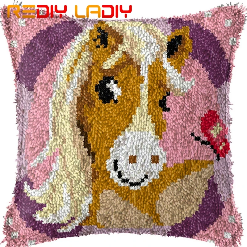 Latch Hook Cushion Kits Horse Girl Pillow Case Acrylic Yarn Pre-Printed Color Canvas Crochet Cover Arts &amp Crafts | Дом и сад