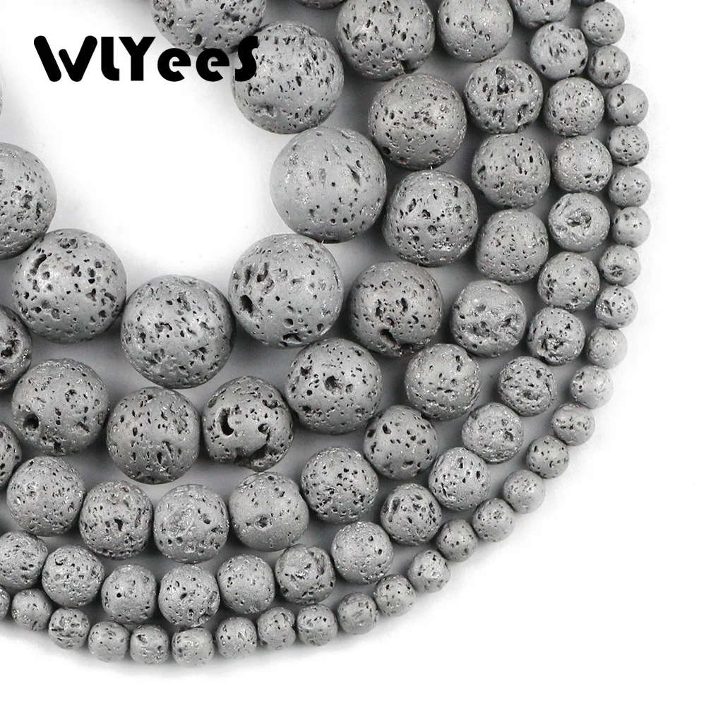 

WLYeeS Plated Silver Volcanic Lava Loose Beads Round 4 6 8 10 12mm Natural Stone For Jewelry Making DIY Bracelet Necklace 15''