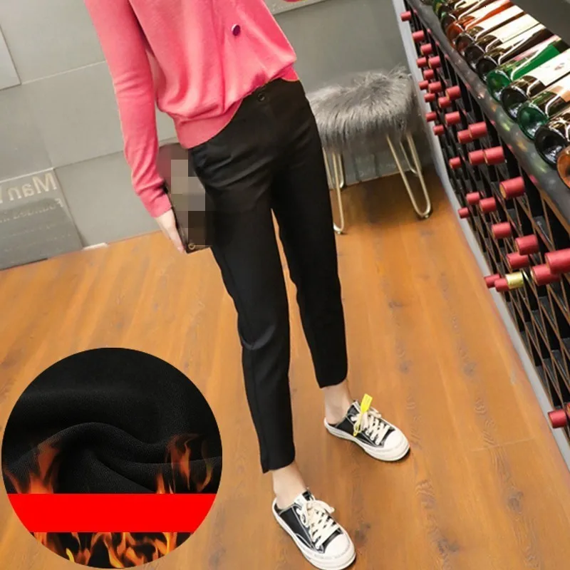 woolen ankle Офисные женские прямые по щиколотку женские костюмы брюки с высокой талией тонкие хлопковые смеси удобные женские рабочая одежда брюки размера плюс - Цвет: woolen ankle