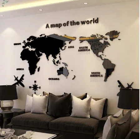 Креативная карта мира, акриловая декоративная 3D Настенная Наклейка для гостиной, спальни, офиса, Декор, 5 размеров, сделай сам, настенная наклейка, домашний декор - Цвет: Black
